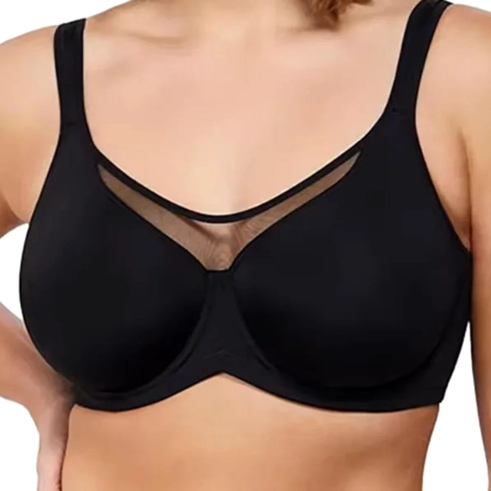 Lähikuva Lovelle Skin Support -rintaliiveistä mustana: korkea verkkopaneeli edessä, sileät kupit ja leveät olkaimet