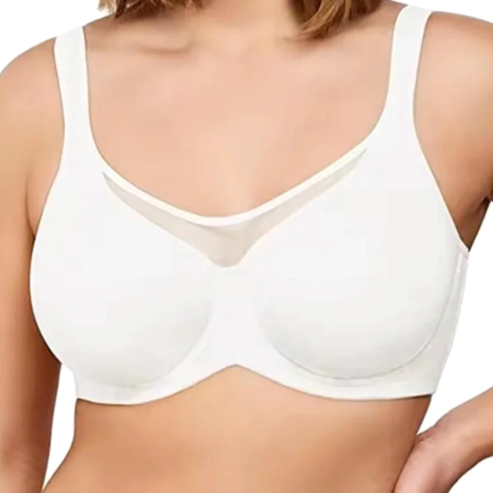 Lähikuva Lovelle Skin Support -rintaliiveistä valkoisena: sileät vuorettomat kupit ilman näkyviä saumoja ja verkkopaneeli edessä