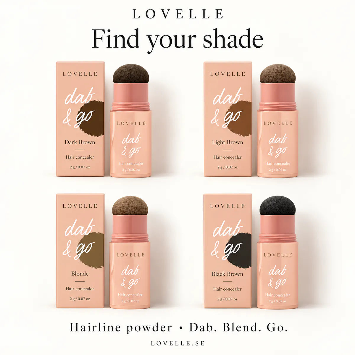 Lovelle Dab &amp; Go -puikon kaikki neljä sävyä: Dark Brown, Light Brown, Blonde ja Black Brown