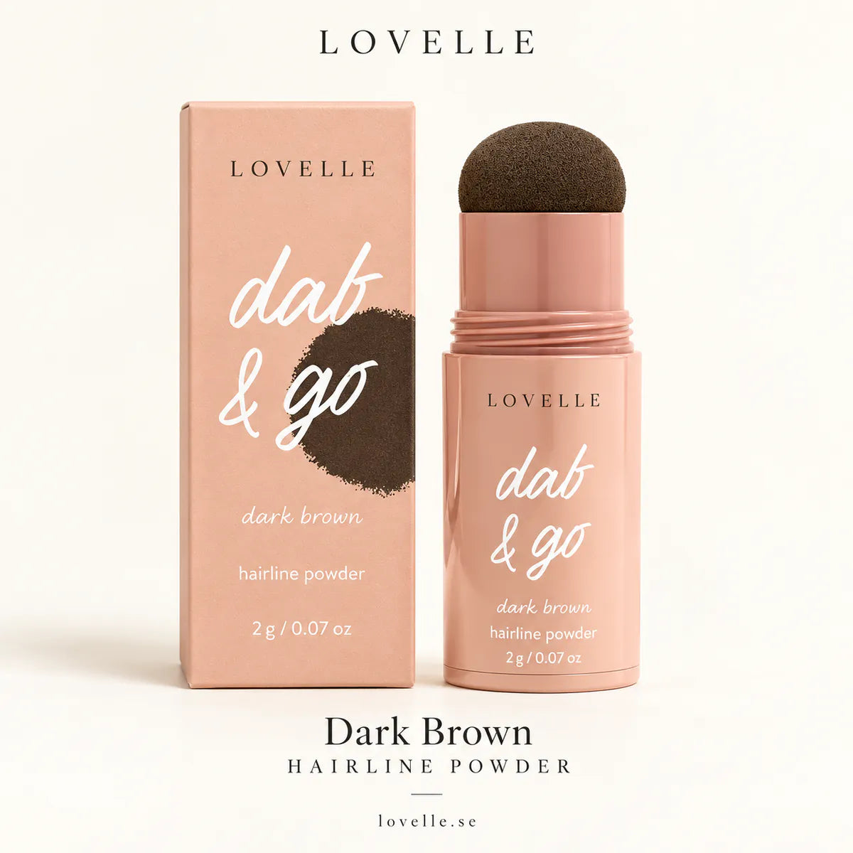 Lovelle Dab &amp; Go sävyssä Dark Brown ja pakkaus