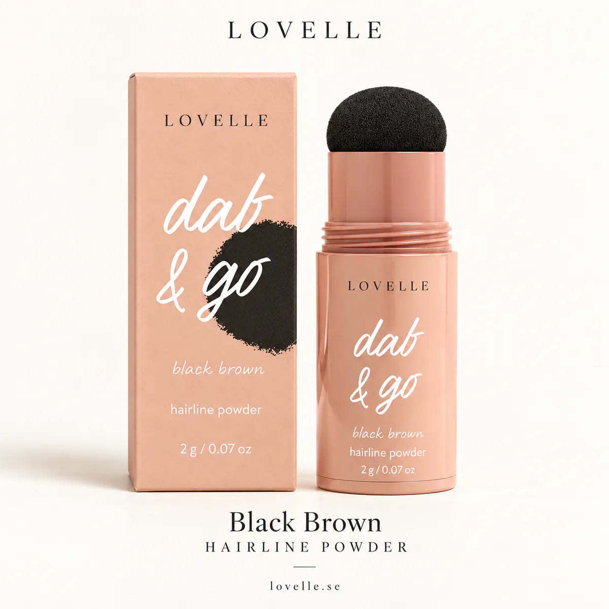 Lovelle Dab &amp; Go sävyssä Black Brown ja pakkaus
